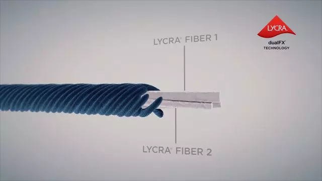 Cross section of LYCRA® dualFX® technology and LYCRA® T400® fibers are intermingled together and covered with cotton to achieve an authentic denim look and feel