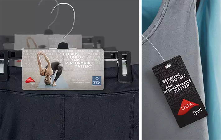 E推广LYCRA® SPORT（莱卡® 运动）技术认证服装的联名衣架卡（左图）和免费吊牌（右图）示例。