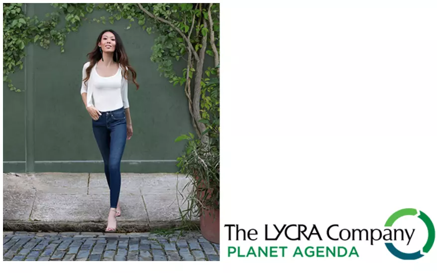 采用LYCRA®（莱卡®）EcoMade技术的牛仔裤，含20%未经使用的可回收资源