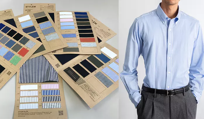 Swatches of fine gauge CK shirting fabric (left) and a model wearing a dress shirt made by Stylem (right).