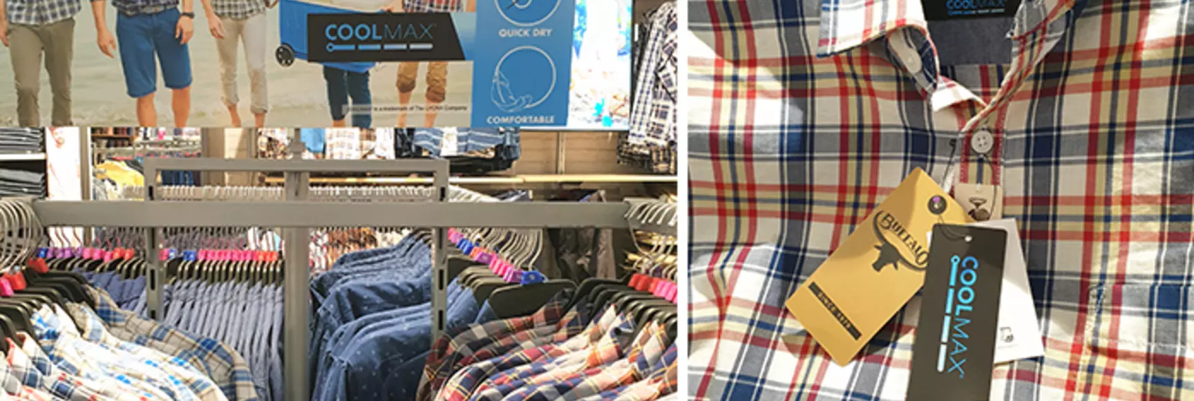  店内正展示Buffalo夏季衬衫，配以品牌联合设计的宣传物料推广COOLMAX®技术在衬衫中的应用。