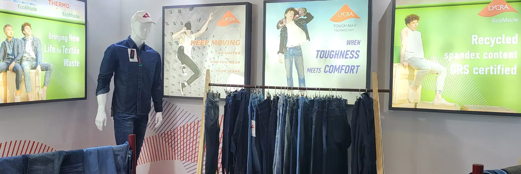 The LYCRA Company booth at the India Denimand Jeans show featured a mannequin dressed in LYCRA® brand denim jeans and  shirt.